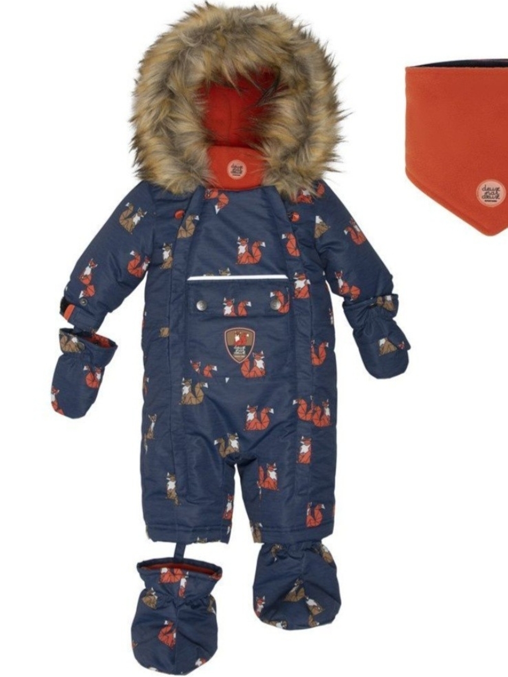Deux par deux Navy Fox Print Snowsuit with Orange Lining
